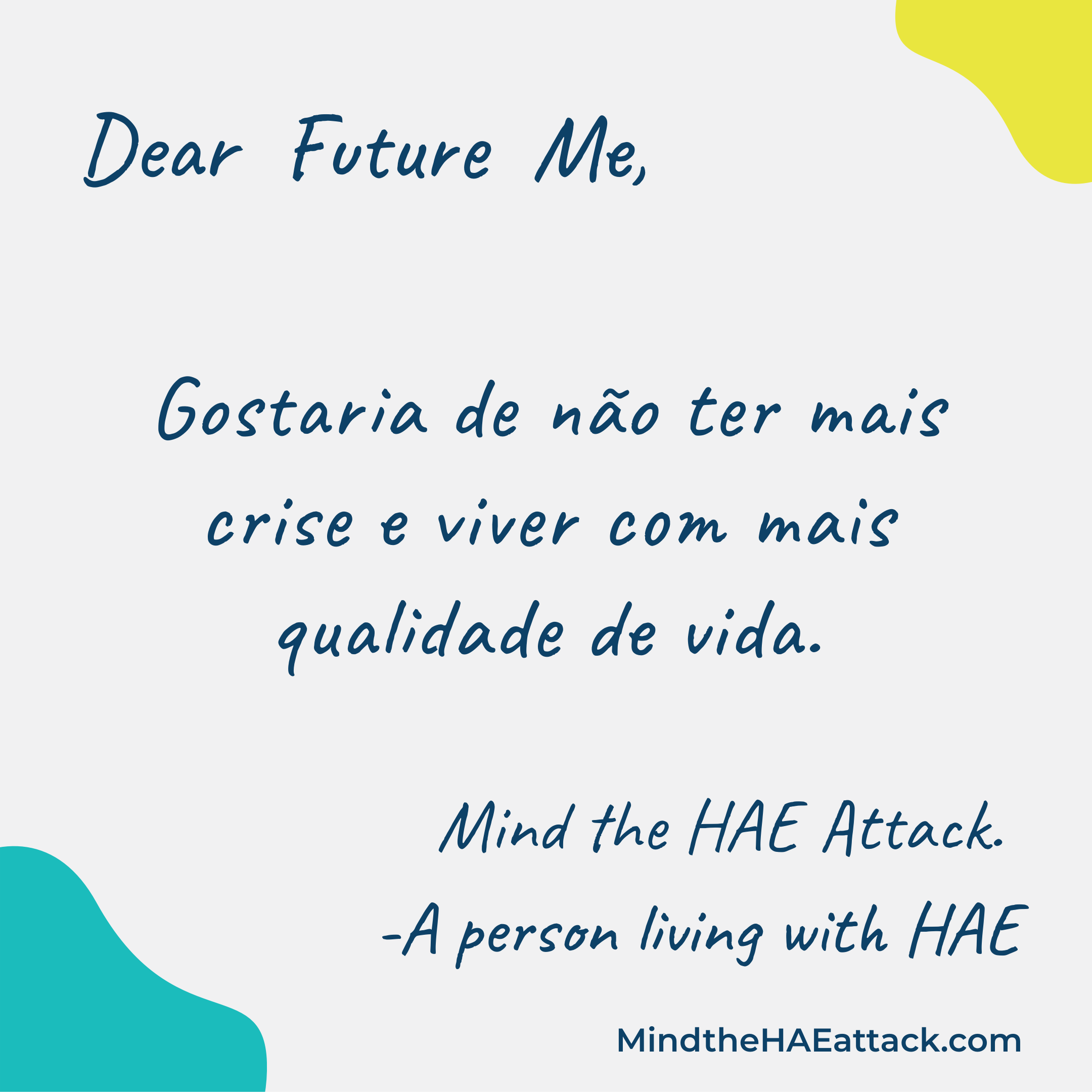 Erinnern Sie sich an Ihre letzte #HAE-Attacke? Mitglieder der HAE-Gemeinschaft schreiben Briefe an sich selbst und geben darin Ratschläge zur Behandlung der nächsten Attacke. Schreiben auch Sie einen Brief an Ihr zukünftiges Ich: https://bit.ly/3ZmsVBy. #MindtheHAEattack macht die Belastung durch #HAE offensichtlich.
